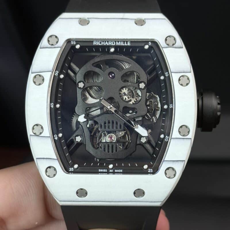 ĐỒNG HỒ RICHARD MILLE RM 52-01 SKULL TOURBILLON VỎ CARBON TRẮNG REP 1:1 49.8MM