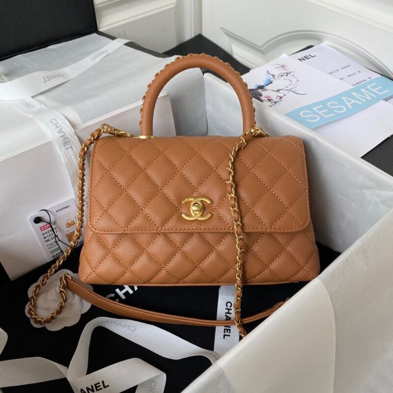 TÚI CHANEL COCO 9.5 FLAP BAG WITH TOP HANDLE BAG MÀU NÂU SIÊU CẤP