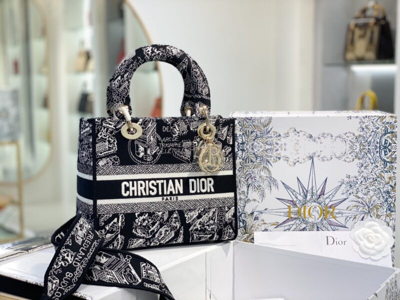 TÚI LADY DIOR MEDIUM SIZE D-LITE BAG WHITE AND BLACK PLAN DE PARIS EMBROIDERY