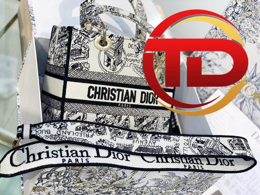 TÚI LADY DIOR MEDIUM SIZE D-LITE BAG WHITE AND BLACK PLAN DE PARIS EMBROIDERY