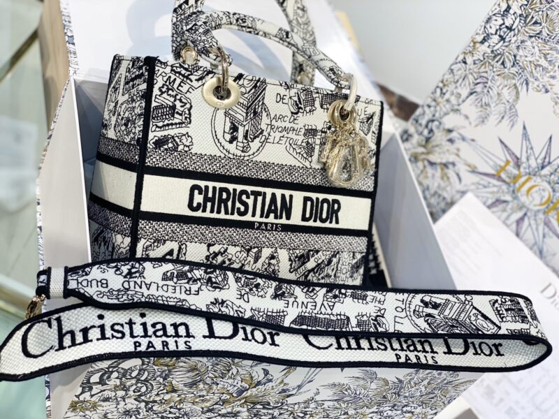 TÚI LADY DIOR MEDIUM SIZE D-LITE BAG WHITE AND BLACK PLAN DE PARIS EMBROIDERY