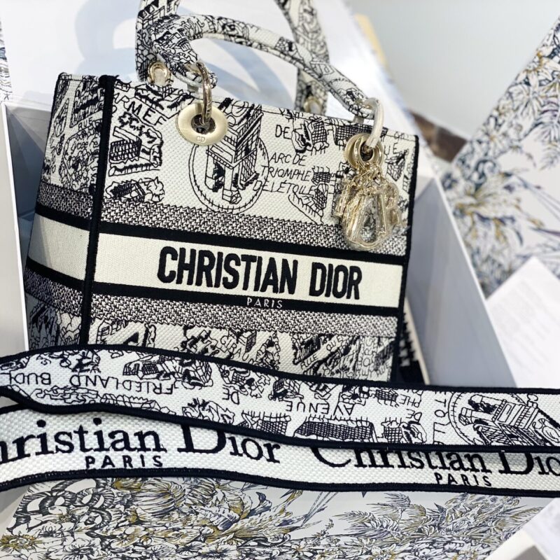 TÚI LADY DIOR MEDIUM SIZE D-LITE BAG WHITE AND BLACK PLAN DE PARIS EMBROIDERY