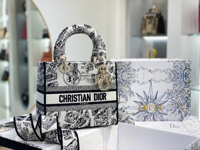 TÚI LADY DIOR MEDIUM SIZE D-LITE BAG WHITE AND BLACK PLAN DE PARIS EMBROIDERY