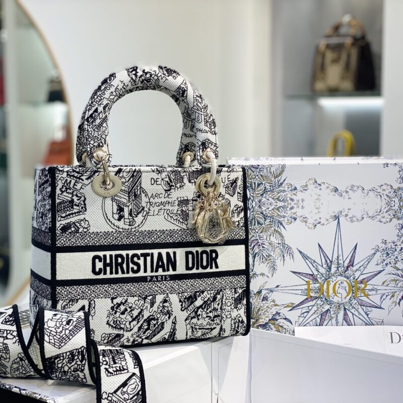 TÚI LADY DIOR MEDIUM SIZE D-LITE BAG WHITE AND BLACK PLAN DE PARIS EMBROIDERY