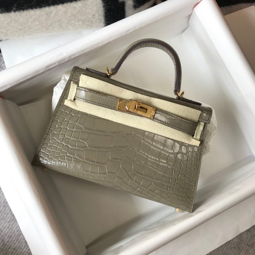 TÚI XÁCH HERMES KELLY MINI K20 NGUYÊN BẢN DA BÒ DẬP VÂN CÁ SẤU MÀU GHI