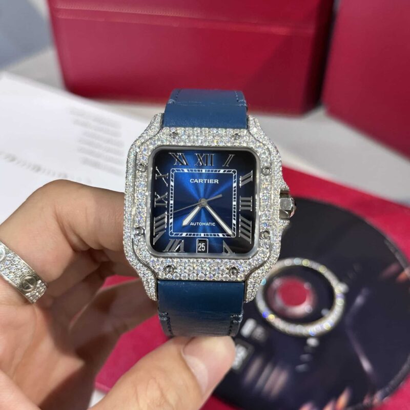 CARTIER SANTOS BLUE DIAL CUSTOM FULL MOISSANITE DIAMONDS BEST REPLICA 39.8MM