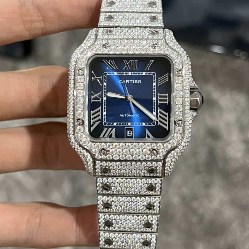ĐỒNG HỒ CARTIER SANTOS MẶT XANH CHẾ TÁC FULL KIM CƯƠNG MOISSANITE 39.8MM