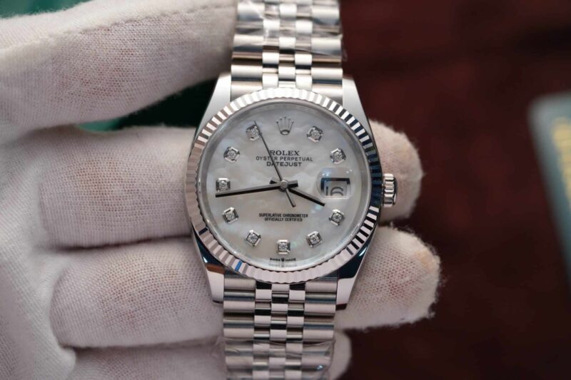 ROLEX DATEJUST CUSTOM WHITE MOP DIAL MOISSANITE NUMERALS REPLICA 36MM