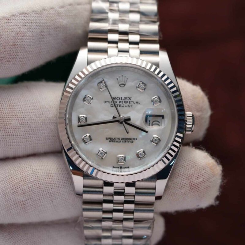 ROLEX DATEJUST CUSTOM WHITE MOP DIAL MOISSANITE NUMERALS REPLICA 36MM
