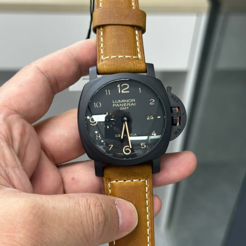 PANERAI LUMINOR GMT CERAMICA BLACK DIAL BROWN LEATHER STRAP BEST REPLICA 44MM
