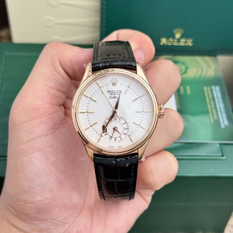ĐỒNG HỒ ROLEX CELLINI DUAL TIME 50525 VÀNG HỒNG MẶT TRẮNG DÂY DA REPLICA 39MM