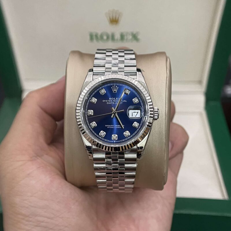 ĐỒNG HỒ ROLEX DATEJUST MẶT XANH BLUE CỌC SỐ ĐÍNH ĐÁ DÂY JUBILEE REP 1:1 VSF 36MM
