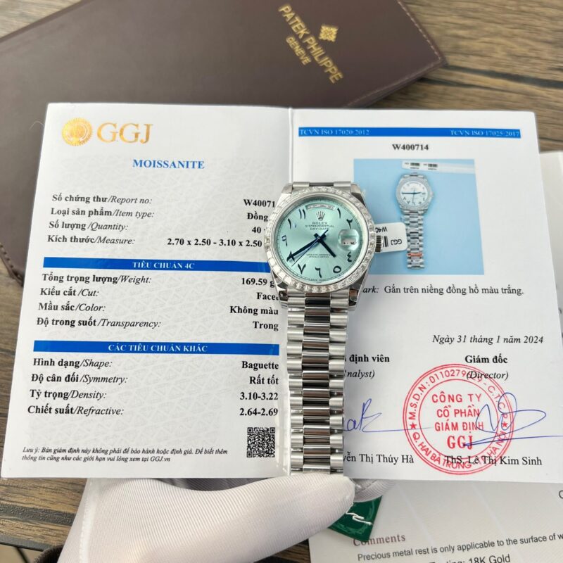 ROLEX DAY-DATE ICE-BLUE ARABIC DIAL CUSTOM BAGUETTE MOISSANITE BEZEL 175 GRAMS BEST REPLICA 40MM