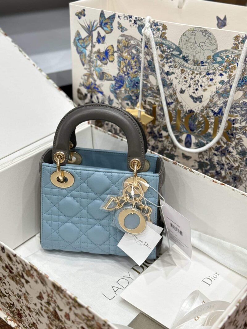 TÚI LADY DIOR MINI HAI MÀU XANH XÁM DA CỪU VIP LIKE AUTH SIZE 17CM