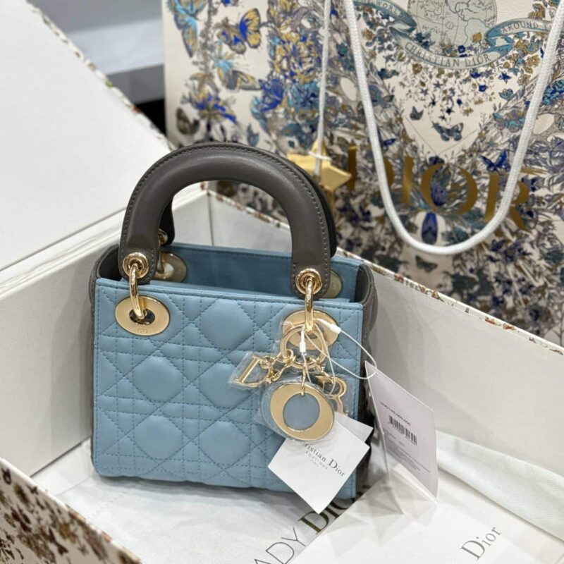 TÚI LADY DIOR MINI HAI MÀU XANH XÁM DA CỪU VIP LIKE AUTH SIZE 17CM