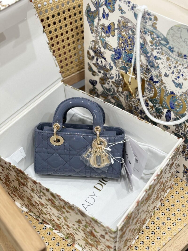 TÚI DIOR LADY D-JOY MICRO MÀU XANH BLUE DA BÓNG PHẦN CỨNG MẠ VÀNG LIKE AUTH SIZE 16CM