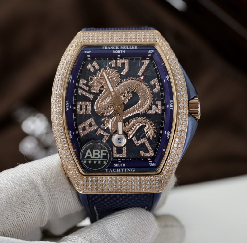 ĐỒNG HỒ FRANCK MULLER V45 DRAGON VÀNG HỒNG MẶT XANH BLUE VỎ ĐÍNH FULL ĐÁ REP 1:1 ABF 45MM