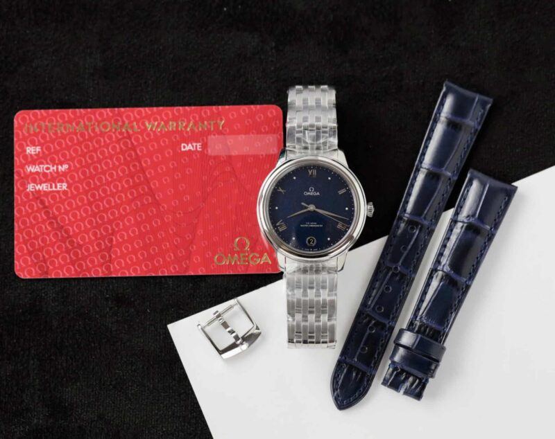 ĐỒNG HỒ NỮ OMEGA DE VILLE PRESTIGE MẶT SỐ XANH HOA VĂN DỌC REPLICA 1:1 VSF 34MM