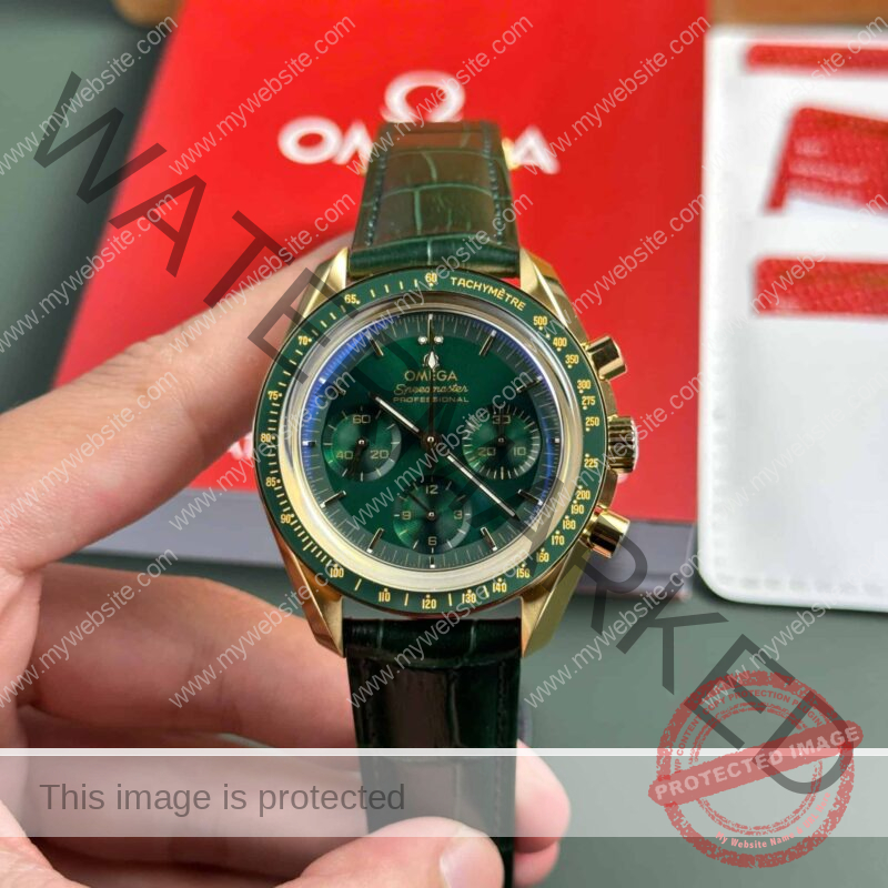 OMEGA SPEEDMASTER MOONWATCH YELLOW GOLD GREEN DIAL LEATHER STRAP REPLICA 42MM