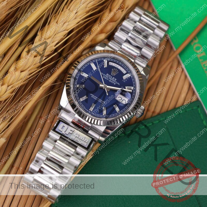 ROLEX DAY-DATE 128236-0023 BLUE BAGUETTE DIAMOND DIAL 158G SUPER CLONE QF 36MM