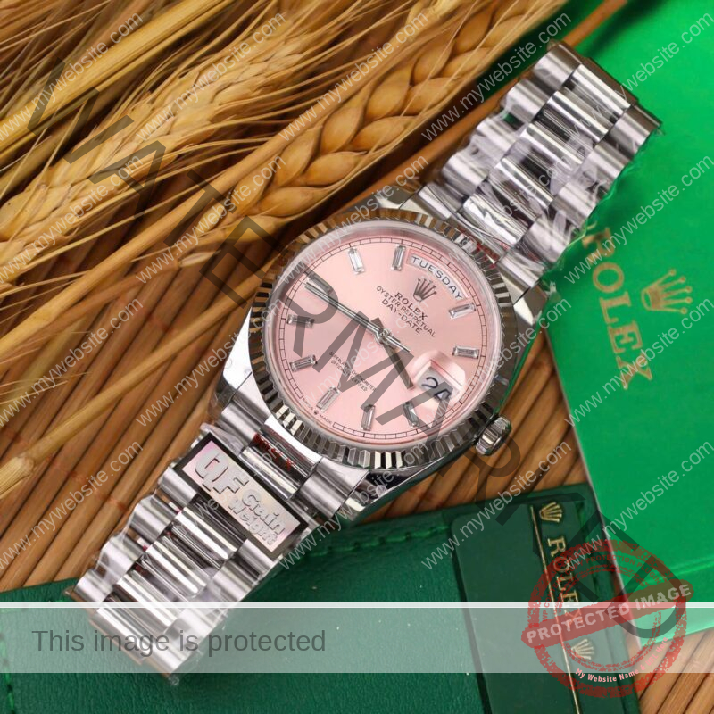 ROLEX DAY-DATE 128236-0024 PINK BAGUETTE DIAMOND DIAL 158G SUPER CLONE QF 36MM