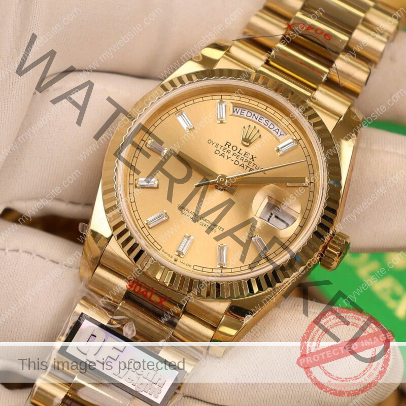 ROLEX DAY-DATE 128238-0005 CHAMPAGNE BAGUETTE DIAMOND DIAL YELLOW GOLD 158G SUPER CLONE QF 36MM