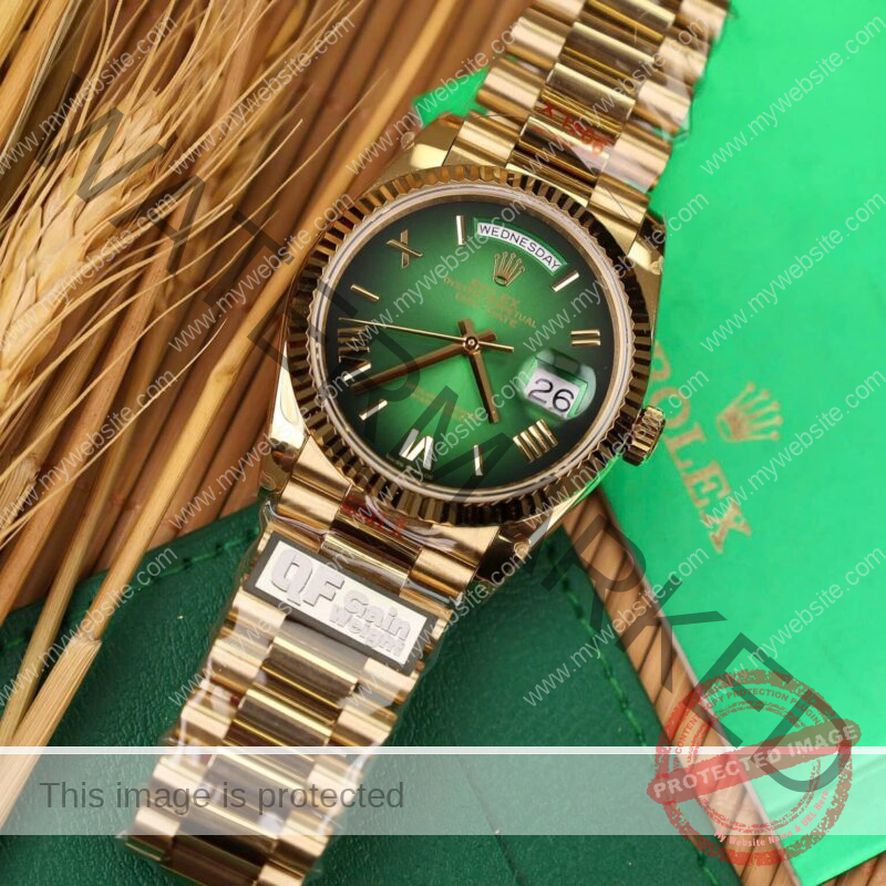 ĐỒNG HỒ ROLEX DAY-DATE 128238-0118 VÀNG VÀNG MẶT SỐ XANH OMBRE CỌC SỐ LA MÃ TINH CHỈNH CÂN NẶNG 158G REP 1:1 QF 36MM