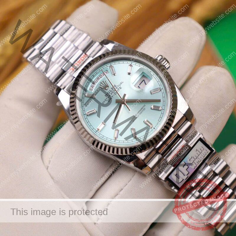 ROLEX DAY-DATE 128236-0009 ICED BLUE DIAMOND-SET DIAL 158G BEST REPLICA QF 36MM